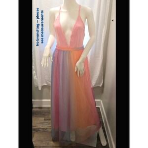 Pink‎ Rainbow Tulle Maxi Dress XS S Deep V Criss Cross Back Festival Fairy